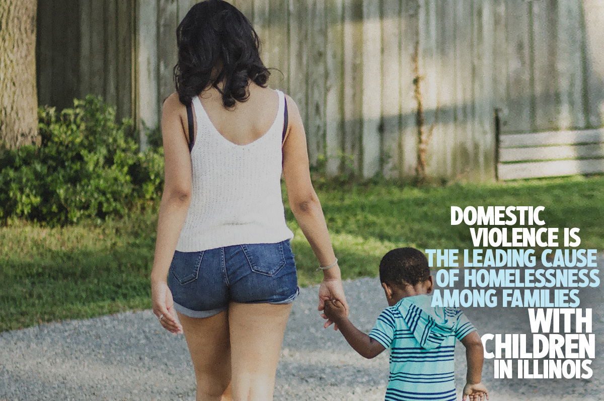 Background is a mother holding a young child's hand, walking down a road, with a factual statement that reads, 'Domestic violence is the leading cause of homelessness among families with children in Illinois'