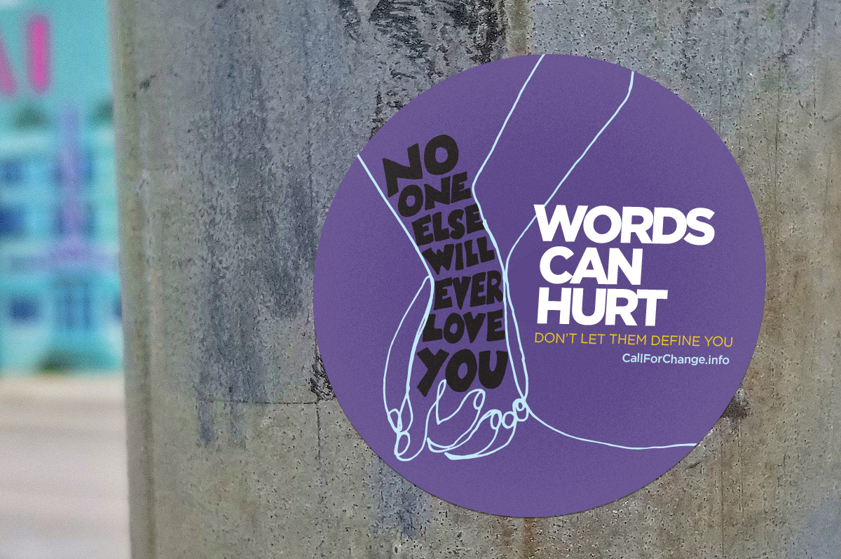 Tote bag featuring campaign line art that reads 'Words Can Hurt'